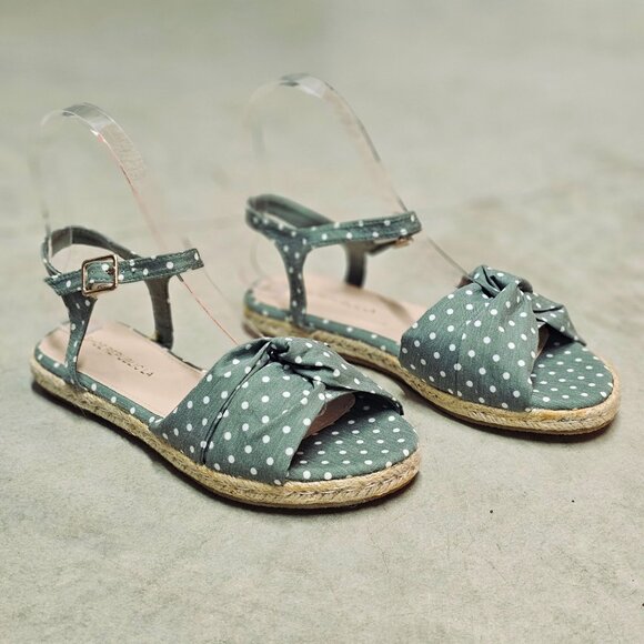 Shoes - Polka Dot Espadrille Flat Sandals With Knot Detail & Adjustable Ankle Strap